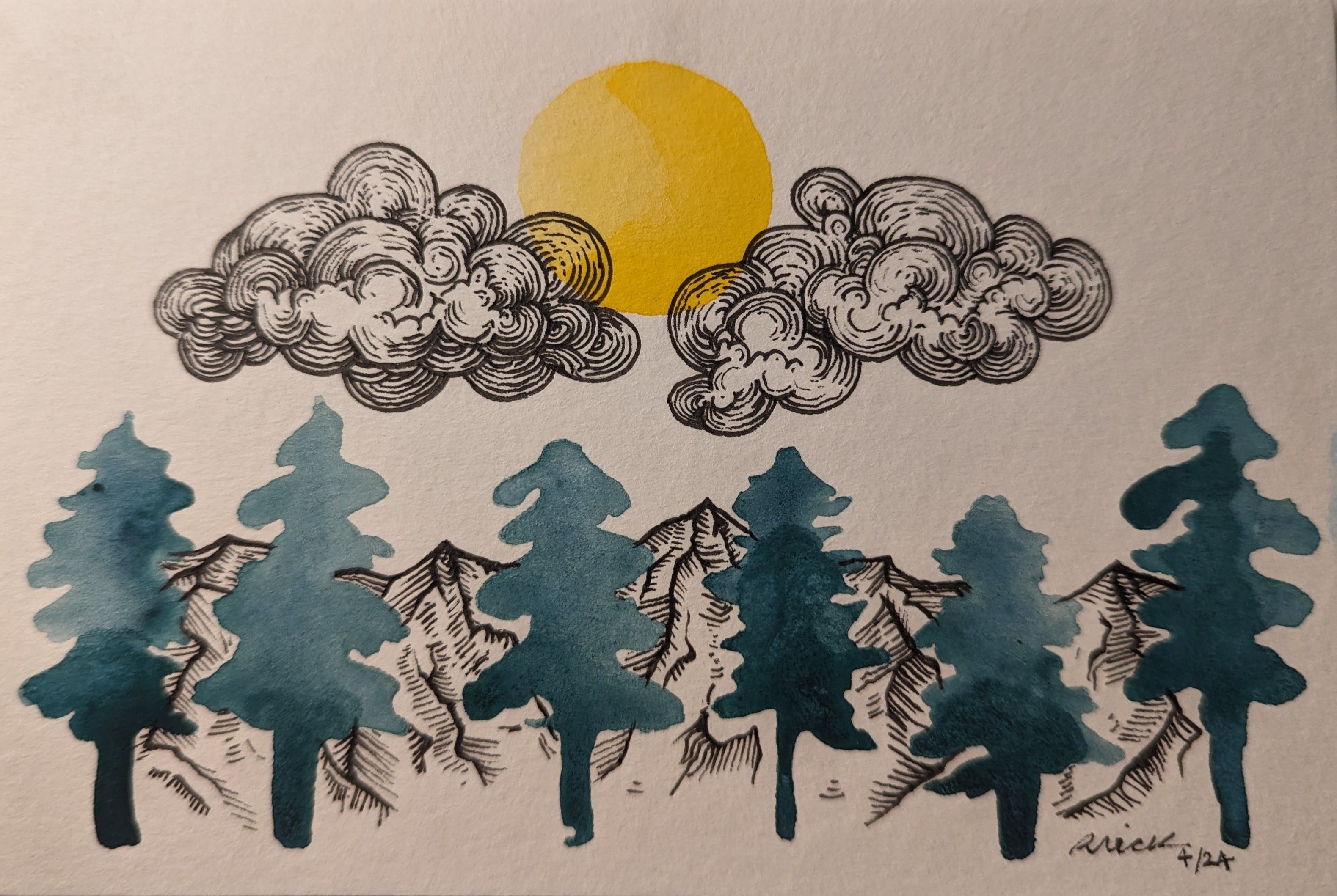 Watercolor painting of pine tees and sun with engraving-style mountains and clouds added in pen.